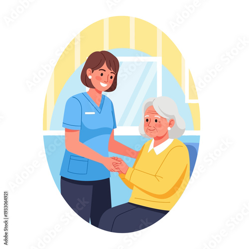 Caring nurse holding hands with elderly woman, providing support and comfort