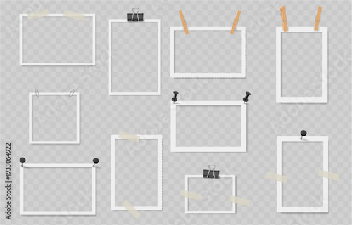 Blank frames in horizontal and vertical orientation. Vector rectangular and square shaped photo placeholders with clothespins and pushpins, binder clips and adhesive tapes. Memory board decoration