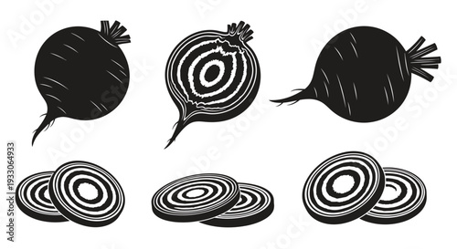 Black and white beet and onion illustrations in a graphic silhouette