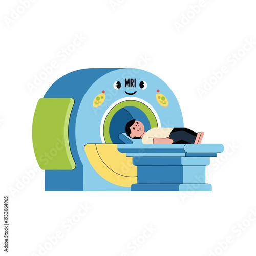 Child friendly MRI scanner with happy patient lying down for medical scan