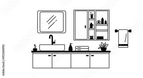 Minimalist bathroom scene with furniture and accessories black silhouette