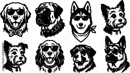Line art dog head icons wearing sunglasses multiple breeds close up frontal views vector set bold monochrome stylized