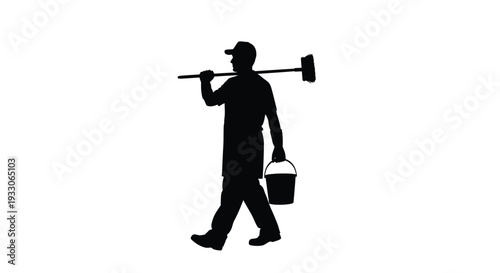 Janitor carrying a mop and bucket walks forward black silhouette