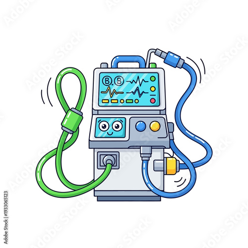 Cute cartoon ventilator machine with friendly face and hoses, medical equipment illustration