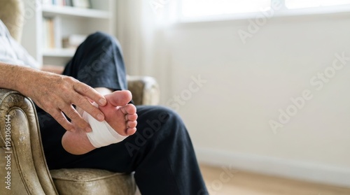 Elderly person's hand gently rests on a bandaged foot elevated while sitting in a brown armchair indoors