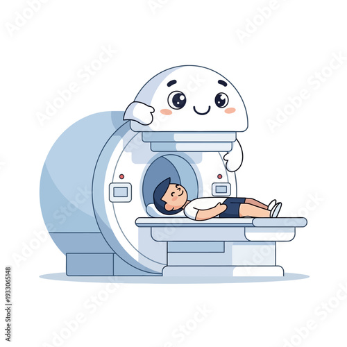 Cute MRI machine character smiling next to a happy boy lying on scanner bed