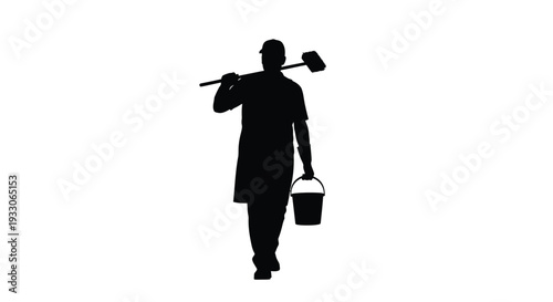 Janitor walking with cleaning supplies a stark black silhouette
