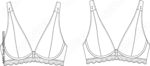 Technical fashion illustration of lingerie design featuring triangular bra cups, lace trim, adjustable straps, and detailed seam lines, perfect for pattern making, production, 