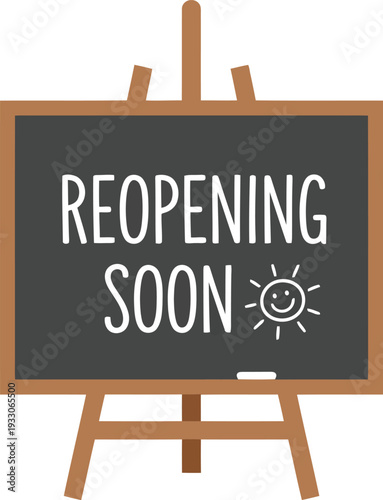 Chalkboard Sign with Reopening Soon Message and Sun Illustration for Business Announcement