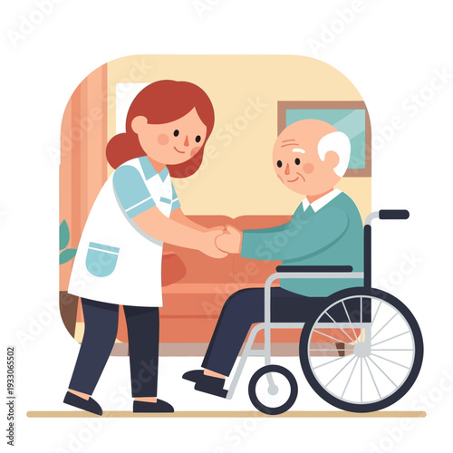 Caring nurse assisting elderly man in wheelchair at home, hands held, support and care