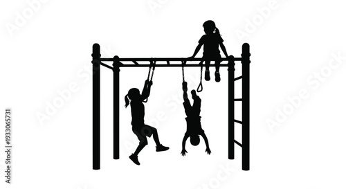Children playing on a jungle gym a striking black silhouette