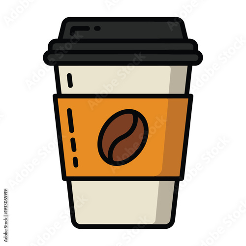 Disposable coffee cup with black lid and orange sleeve featuring coffee bean symbol illustration on a clean background
