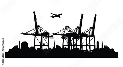 Industrial harbor with cranes and city skyline dramatic silhouette
