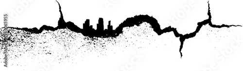 Weathered concrete texture with high contrast abstract cracks and urban silhouette