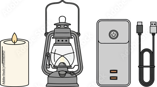 Emergency lighting options set with candle, lantern, power bank, and USB cable in flat vector style