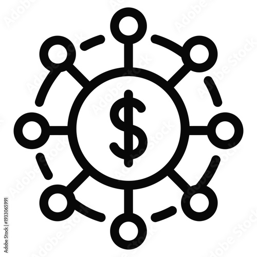 A black and white icon of a dollar sign connected to multiple circles in a network