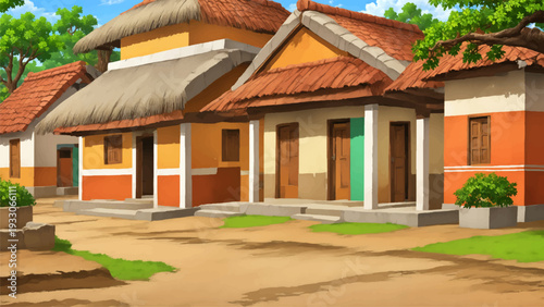 Colorful village with traditional houses featuring thatched and tiled roofs, set under a bright blue sky with lush green trees in background