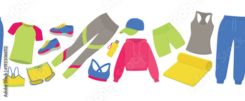 Seamless border with female sportswear. Horizontal pattern with clothes and footwear