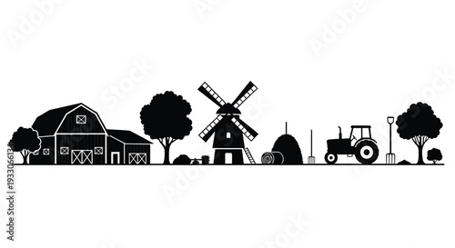 Rural landscape featuring farm buildings windmill and tractor silhouette