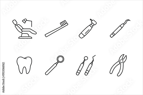 Dental tools and equipment outlined in a minimal linear style illustration