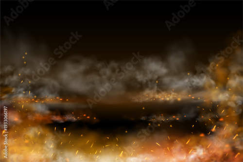 Fire on floor with flame source and floating ember. Vector dense smoke layer above ground surface with burning effect and heat distortion. Environment for hazard, danger theme and emergency backdrop