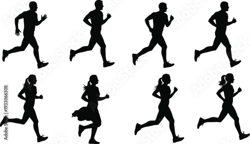 Running men and women silhouettes vector set, jogging fitness motion sports activity illustration
