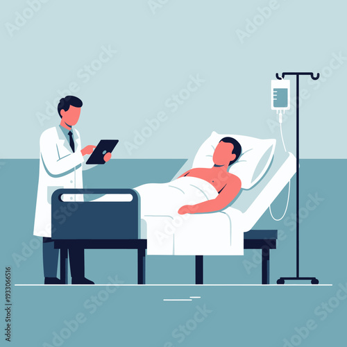 Doctor checks on patient in hospital bed with IV drip, medical care concept