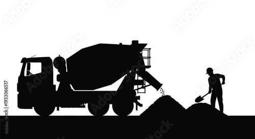 Cement truck and worker depicted in a striking black silhouette