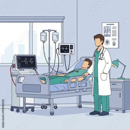Doctor checks on patient in hospital bed with medical equipment and IV drip