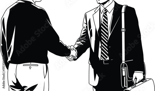 Two businessmen shake hands firmly across a white background demonstrating a successful partnership agreement or deal closing.