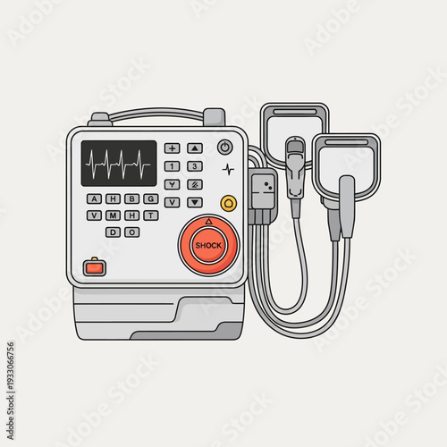 Defibrillator machine with heart rhythm display and shock button, medical equipment illustration
