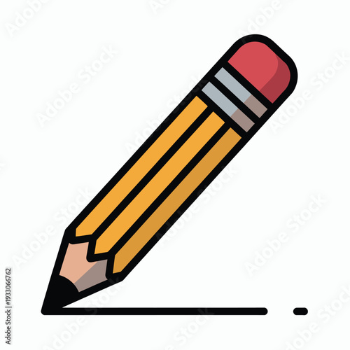 Yellow pencil with red eraser and black tip lies at an angle on a clean white background