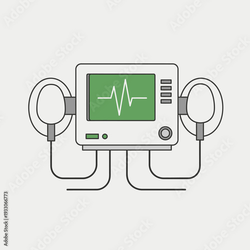 Defibrillator machine with heart rhythm on screen, medical equipment, emergency aid