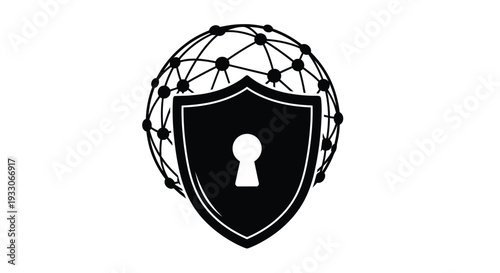 Global network security represented by a shield and globe silhouette
