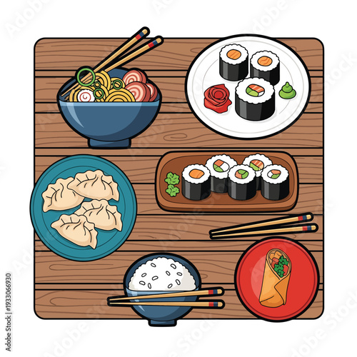 Assorted Japanese cuisine including sushi, dumplings, and tempura on a wooden table viewed from directly above.