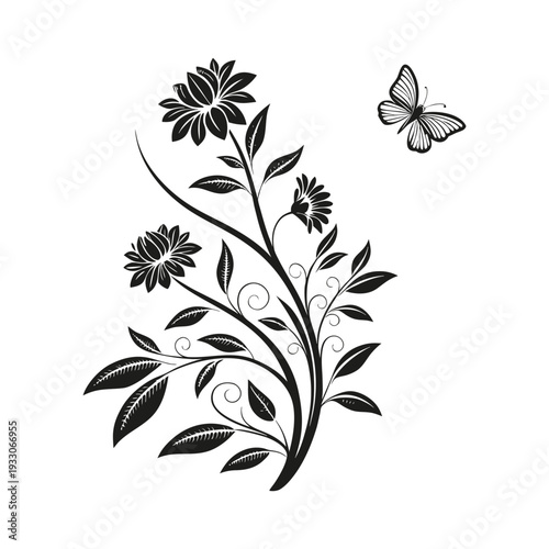 Elegant black and white floral illustration with butterfly