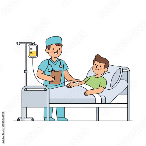 Doctor Administering IV Drip to Patient in Hospital Bed, Healthcare Concept