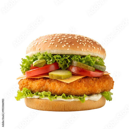 delicious chicken burger with lettuce tomato cheese and pickles on sesame bun