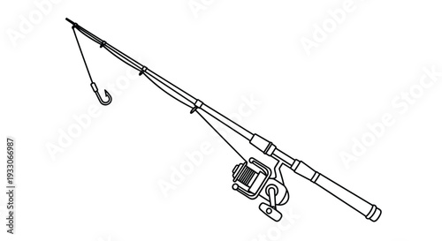 Simple line drawing of a fishing rod and hook black silhouette