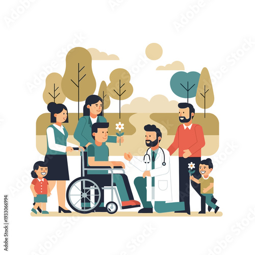 Doctor and family supporting patient in wheelchair outdoors, recovery and care concept