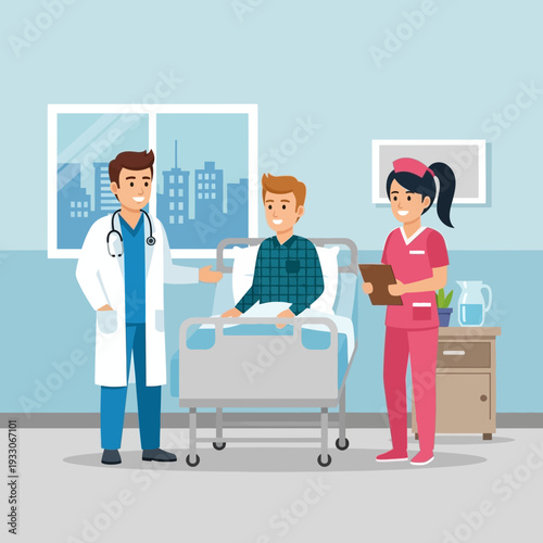 Doctor and nurse caring for patient in hospital room, medical check-up