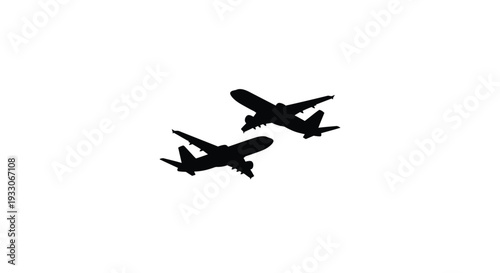 Two commercial airplanes in flight against a white background silhouette