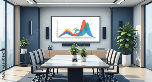 Modern conference room with a large screen displaying a colorful graph for business presentations.