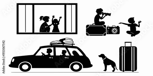 A family preparing for a road trip with luggage and a dog Vector