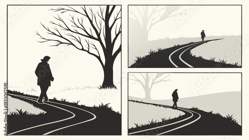 A person walking down a road with a tree and a hill in the background Vector