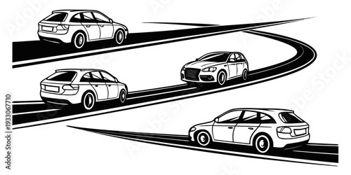 Cars navigating through a winding road in a mountainous area Vector