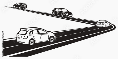 A line of cars driving on a winding road with a steep drop off. Vector