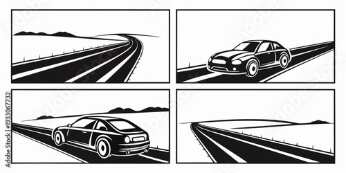 A series of four black and white images depicting a car racing on a track Vector