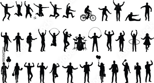 Black silhouette collection of active people jumping playing sports cycling playing musical instruments dancing and celebrating isolated on white background for graphic design projects