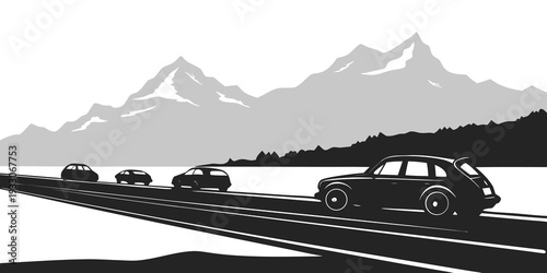 Vintage cars driving on a scenic mountain road in a black and white landscape Vector